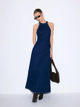Stretch Washed Denim Halter Neck A-line Maxi Dress