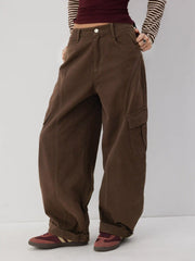 Cotton-blend Mid Rise Pocket Barrel-leg Trousers