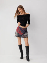 Chiffon Low Rise Aztec Asymmetrical Knotted A-line Mini Skirt