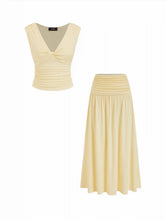 V-neck Twist Ruched Top & Mid Rise Ruched Flared Maxi Skirt Set
