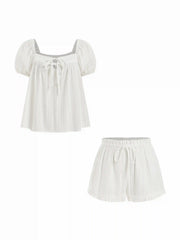 Cotton-blend Stripe Tie Front Oversized Top & High Rise Lettuce Trim Shorts Set