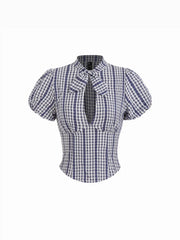 Cotton-blend Gingham Stand Collar Puff Sleeve Cut Out Shirred Top & Mid Rise Bubble Hem Shorts Set