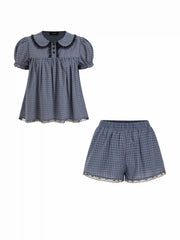 Cotton-blend Gingham Peter Pan Collar Oversized Top & Mid Rise Lace Trim Straight Leg Shorts Set