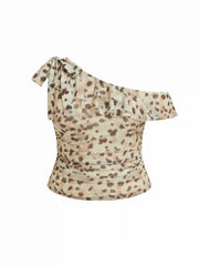 Mesh Leopard Asymmetrical Neck Bowknot Ruffle Blouse Curve & Plus