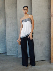 Two Tone Square Neck Lace Panel Asymmetrical Cami Top