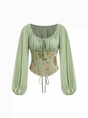 Chiffon Floral Jacquard Scoop Neckline Lantern Sleeve Drawstring Blouse