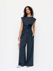 Cotton-blend Round Neck Twist Top & Mid Rise Wide Leg Trousers Set