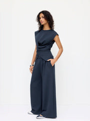 Cotton-blend Round Neck Twist Top & Mid Rise Wide Leg Trousers Set