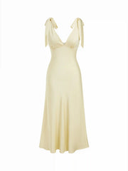 Satin V-neck Twist Knotted Flared Maxi Dress
