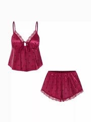 Satin V-Neck Heart Graphic Cami Top & Mid Rise Lace Trim Shorts Loungewear Set