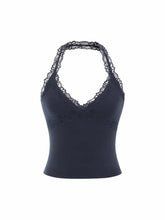Cotton-blend Halter Neck Lace Trim Slim Cami Top