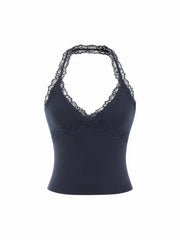 Cotton-blend Halter Neck Lace Trim Slim Cami Top