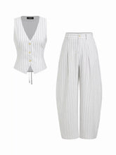 Linen-blend V-neck Striped Sleeveless Top & Mid Rise Tapered Trousers Set