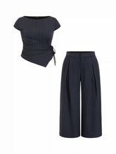 Striped Boat Neck Wrap Top & Mid Rise Wide Leg Trousers Set Curve & Plus