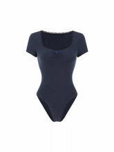 Cotton-blend Scoop Neck Lace Panel Ruched Bodysuit