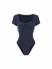 Cotton-blend Scoop Neck Lace Panel Ruched Bodysuit