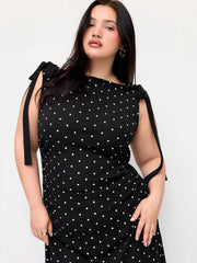 Cotton-blend Polka Dot Boat Neck Bowknot Ruched Midi Dress Curve & Plus