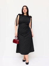 Cotton-blend Polka Dot Boat Neck Bowknot Ruched Midi Dress Curve & Plus