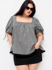 Gingham Square Neck Puff Sleeve Drawstring Blouse Curve & Plus