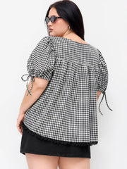 Gingham Square Neck Puff Sleeve Drawstring Blouse Curve & Plus
