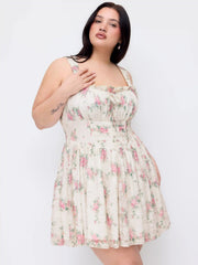 Lace Floral Square Neck Ruffled Bowknot Dress Curve & Plus