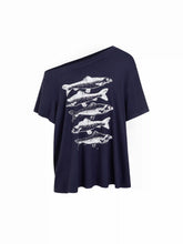High Stretch Asymmetrical Neck Fish Graphic Oversized Short Sleeve Tee