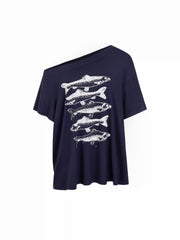 High Stretch Asymmetrical Neck Fish Graphic Oversized Short Sleeve Tee