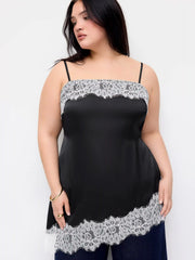 Satin Square Neck Lace Panel Asymmetrical Cami Top Curve & Plus