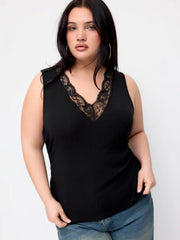 Cotton-blend V-neck Ruched Lace Trim Tank Top Curve & Plus