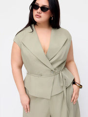 Collar Peplum Waist Tie Front Straight Leg Jumpsuit Curve & Plus