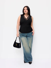 Cotton-blend V-neck Ruched Lace Trim Tank Top Curve & Plus