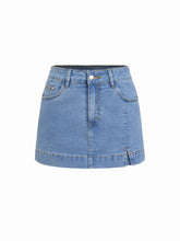Washed Denim High Rise Slim Leggings Micro Shorts with Metal Detail