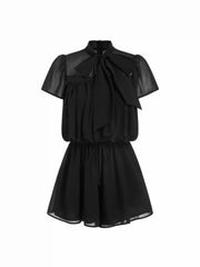 Chiffon Stand Collar Puff Sleeve Bowknot Drawstring Ruffle Romper