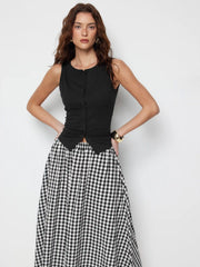 Cotton Button Top & Gingham A-line Maxi Skirt Set