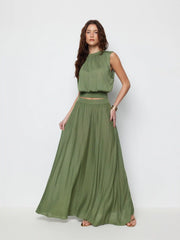 Knit Mid Rise High Stretch Draped Maxi Skirt