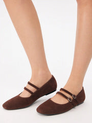 FAUX SUEDE SQUARE TOE BUCKLE MARY JANE FLATS