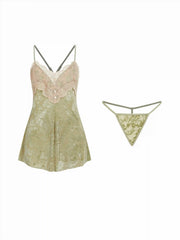 Floral Lace Sweetheart Cami Top & High Rise Thong Loungewear Set
