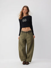Cotton-blend Washed Denim Low Rise Barrel-leg Trousers