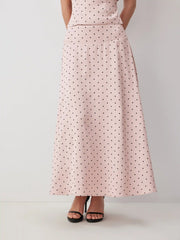 Satin Mid Rise Polka Dot Flared Maxi Skirt