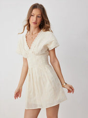 Cotton V-neck Batwing Sleeve Eyelet Flared Mini Dress