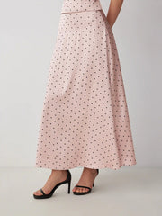 Satin Mid Rise Polka Dot Flared Maxi Skirt
