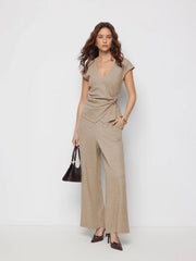 V-neck Asymmetrical Hem Metal Detail Ruched Top & Mid Rise Straight Leg Trousers Set