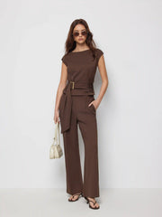Boat Neck Metal Detail Belted Ruched Top & Mid Rise Straight Leg Trousers Set
