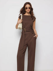 Boat Neck Metal Detail Belted Ruched Top & Mid Rise Straight Leg Trousers Set