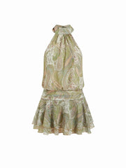 Chiffon Paisley Halter Neckline Shirred Layered Mini Dress