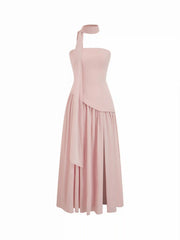 Chiffon Sculptural Halter Neckline Lace Up Maxi Bobycon Dress With Scarf