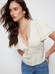 Lace Trim V-Neck Drawstring Short Sleeve Blouse