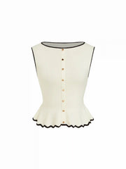 Knit Boat Neck Colorblock Ruffled Hem Metal Button Vest