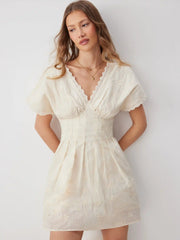 Cotton V-neck Batwing Sleeve Eyelet Flared Mini Dress
