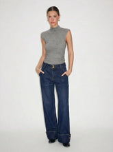 Washed Denim Low Rise Metal Detail Wide Leg Jeans